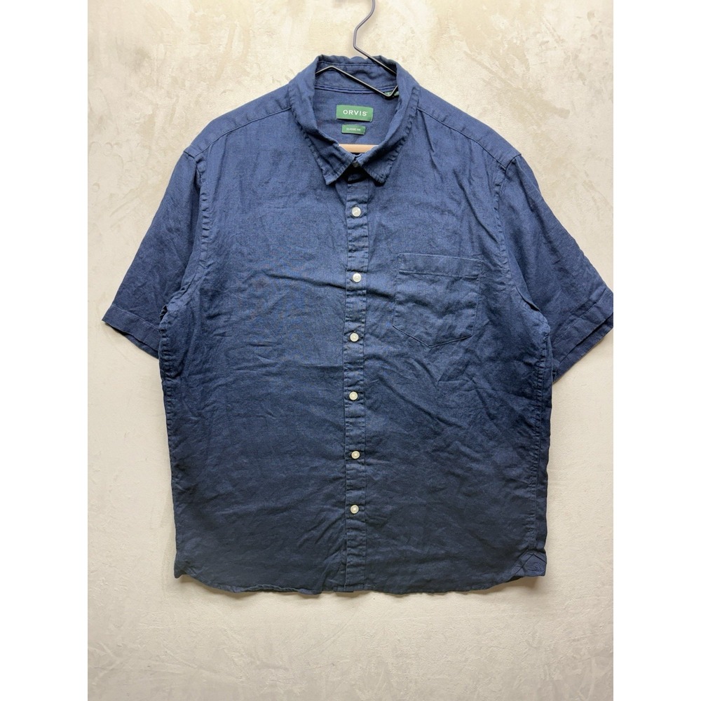Orvis Linen Shirt Mens Large Blue Short Sleeve Button Up Fly Fishing Classic Fit
